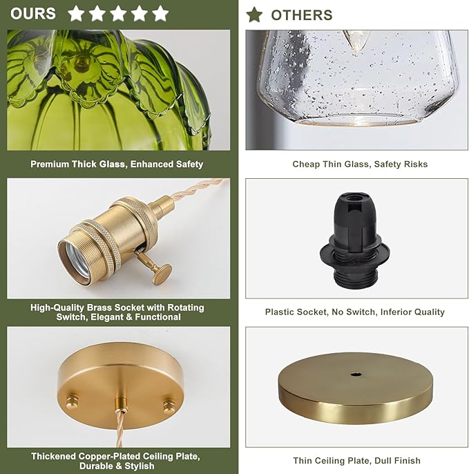 Glass Pendant Lights Kitchen Island, Vintage Brass Pendant Light Fixtures, Adjustable Green Kitchen Pendant Lighting Over Island for Bedroom Living Room Hallway Dining Room