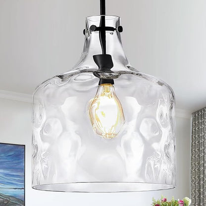CATINER Extra Large 16" Vintage Farmhouse Pendant Light – Hand-Blown Clear Hammered Glass Shade, Adjustable Chain, Hanging Light for Kitchen Island, Dining Room, Hallway, Black Finish