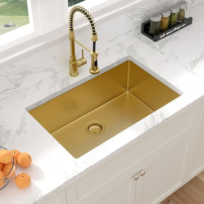 Sarlai Gold Undermount Kitchen Sink - 28 Inch Kitchen Sink Undermount Gold Stainless Steel Single Bowl 28" x 19" Under-Mount 16 Gauge Sinks Under Counter Round Corner Basin