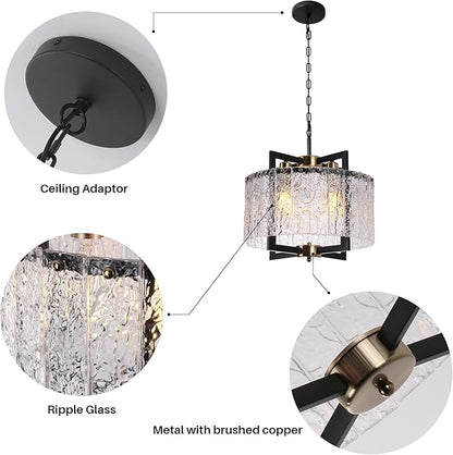Black Chandeliers for Dining Room,16" Modern Water Ripple Glass Chandelier, Adjustable Height, Elegant Round Crystal Pendant Light Fixture for Kitchen Island Foyer Entryway