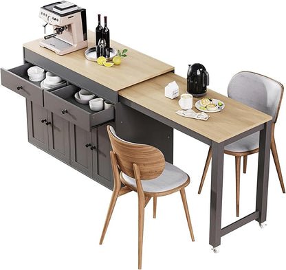 Ball & Cast 75" Kitchen Island with Extendable Dining Table,Rolling Dining Islands Cart On Wheels W/Spice Rack & 2 Drawers,Mobile Storage Kitchen Cart W/ 4 Door Cabinet,for Kitchen,Dining Room,Grey