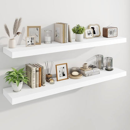 Marsmiles 55" Floating Shelves for Wall, Wooden Shelves with Invisible Brackets Set of 2, Rustic Farmhouse Wall Mounted Shelf for Kitchen Bathroom Living Room Study, White
