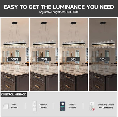 Black Led Modern Crystal Chandelier: 39.3" Rectangle Linear 3 Color Dimmable Chandeliers for Dining Room Over Table - Luxury Rectangular Contemporary Oval Light Fixture for Living Room Bedroom Foyer