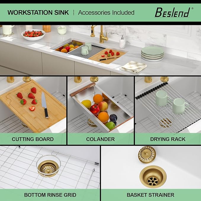 33 Inch Granite White Kitchen Sink - Beslend 33x19x10 Inch White Granite Composite Kitchen Sinks Undermount Quartz Sink Ledge Workstation Classic Under Counter Single Bowl Sink Basin