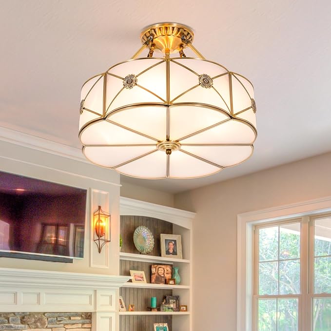 17" Vintage Pendant Light Fixture, 4-Light Semi Flush Mount Ceiling Light, Retro Handmade Glass Ceiling Light Fixture for Foyer Entryway Stairway