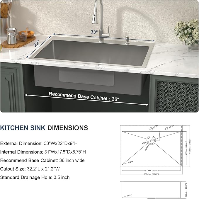 Lordear 33 Inch Drop in Kitchen Sink 33 x 22 Topmount Sink 16 Gauge Stainless Steel Single Bowl Deep Sink with Drain Strainer