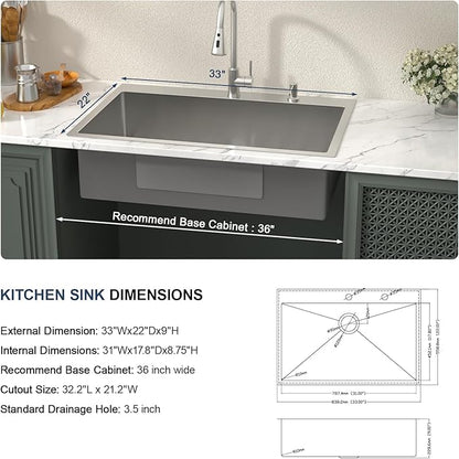 Lordear 33 Inch Drop in Kitchen Sink 33 x 22 Topmount Sink 16 Gauge Stainless Steel Single Bowl Deep Sink with Drain Strainer
