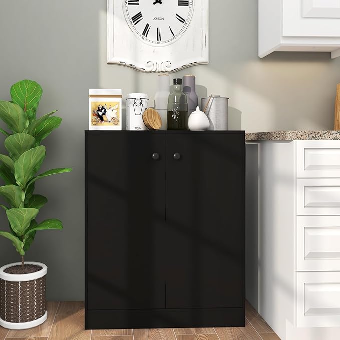 GRAFFY Wood Floor Storage Cabinet - Freestanding Sideboard Cabinet with 2 Doors and 3-Tier Shelves, Modern Storage Organizer for Living Room, Kitchen, Bathroom, Hallway, Dining Room, Entryway (Black)