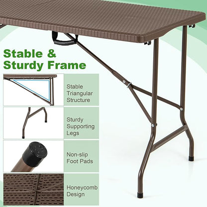 Tangkula 5FT Folding Table, Indoor Outdoor Foldable Plastic Table with Rattan Textured HDPE Tabletop, Sturdy Metal Fame, Carrying Handle, 4-6 Person Picnic Table for Camping BBQ Party