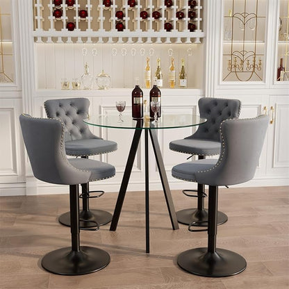 yeag 31.5'' Modern Luxury Glass Bar Table Set for 4, Round Pub Table Cocktail Table and 4 Adjustable Velvet Swivel Barstools Island Chairs for Bistro(Black Metal Legs, Clear Top + Grey Chair)