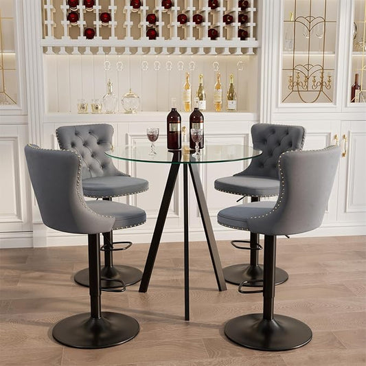 yeag 31.5'' Modern Luxury Glass Bar Table Set for 4, Round Pub Table Cocktail Table and 4 Adjustable Velvet Swivel Barstools Island Chairs for Bistro(Black Metal Legs, Clear Top + Grey Chair)