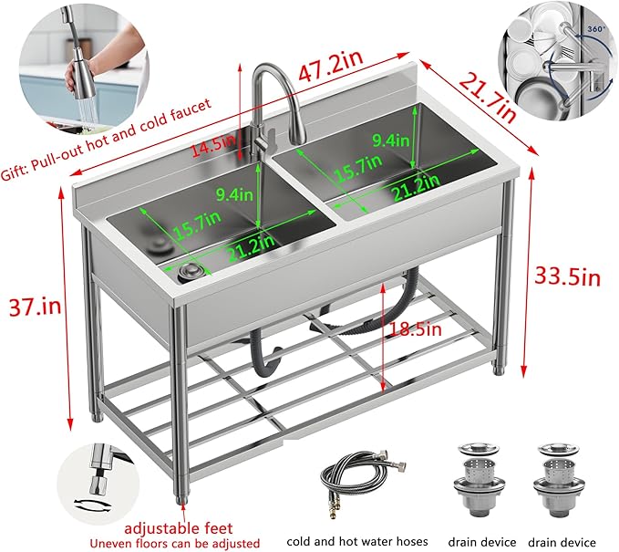 GGW 2-Compartment Commercial Sink, Stainless Steel Utility Sink with Pull-out Faucet, Free Standing Double Bowl Kitchen Sink for Restaurant, Garage, Shop, Cafe, Outoor, 21.7"D x 47.2"W x 37"H