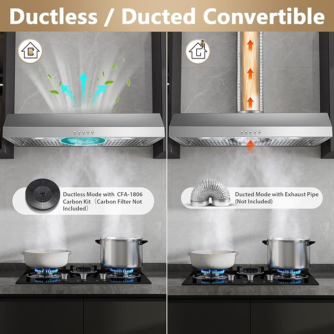 Under Cabinet Range Hood 30 inch, Stainless Steel Kitchen Hood 800CFM, Stove Hood with Push Button Control, Baffle Filters, Ducted/Ductless Convertible Duct