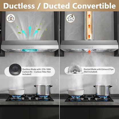Under Cabinet Range Hood 30 inch, Stainless Steel Kitchen Hood 800CFM, Stove Hood with Push Button Control, Baffle Filters, Ducted/Ductless Convertible Duct