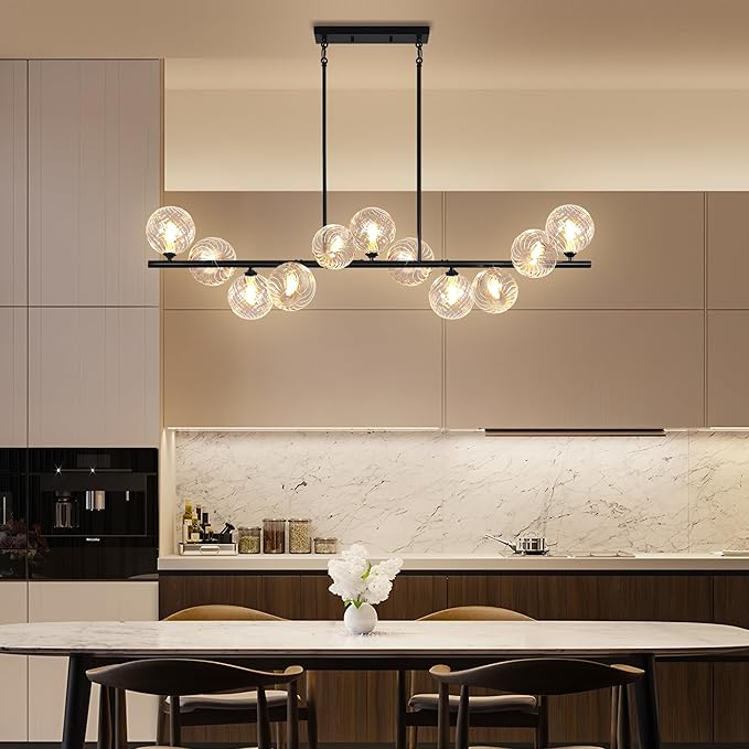 Linear Chandeliers for Dining Room, 51" Dining Room Light Fixture with Clear Swirled Glass Globe 11 Lights Black Sputnik Chandelier Bubble Large Chandelier Modern Farmhouse Island Light