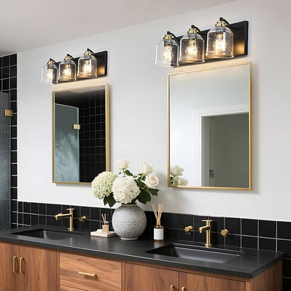 Vanity Lights for Bathroom Large 23", Farmhouse Rustic Vanity Light with Bubble Glass Shades, Black and Gold 3 Light Bathroom Lighting Fixtures Over Mirror, Bath Wall Sconce Home Decor