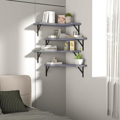 ROMGUAR CRAFT Corner Floating Shelves Wall Mounted Set of 4, Rustic Wood Storage Display Wall Shelves for Home Decor, Bathroom, Kitchen, Bedroom, Living Room, Office (Light Grey)