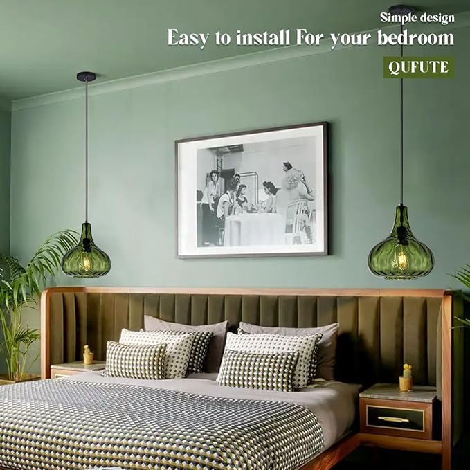 Green Glass Pendant Lighting Farmhouse Vintage Glass Globe Pendant Light Fixture, Mid-Century Modern Pendant Lamp Black Finish 9.45″ Shade for Kitchen Island Dining Room
