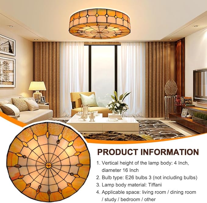 16" Vintage Stained Glass Flush Mount Ceiling Light, 3-Light Stained Glass Flush Mount Ceiling Pandent Light Fixture for Farmhouse Kitchen Island (Antique)