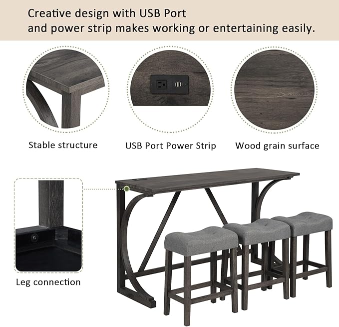 Polibi 4-Piece Farmhouse Counter Height Dining Set,Bar Table and Chairs Set,Bar Table with Power Outlet and 3 Padded Saddle Seat Stools for Living Room,Dining Room,Game Room,Dark Gray