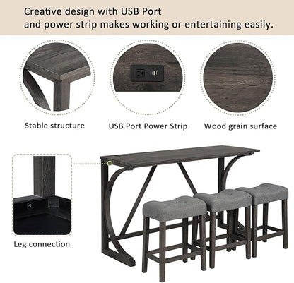 Polibi 4-Piece Farmhouse Counter Height Dining Set,Bar Table and Chairs Set,Bar Table with Power Outlet and 3 Padded Saddle Seat Stools for Living Room,Dining Room,Game Room,Dark Gray