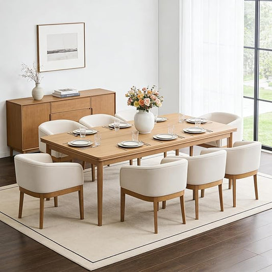 Barrel Dining Chairs Set of 8, Mid Century Modern Farmhouse Kitchen Chairs with Wood Legs, Linen Upholstered Accent Chair with Arms for Living Room/Bedroom, Beige
