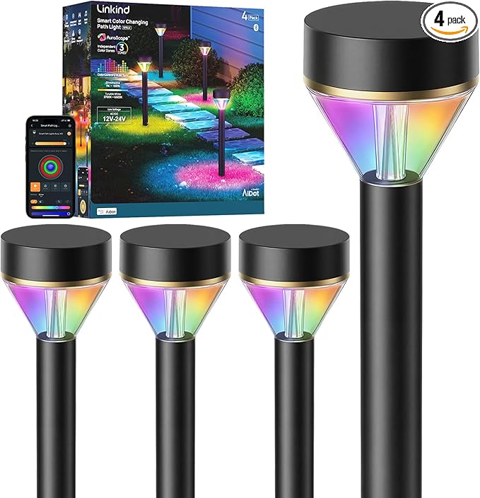 Linkind Smart Landscape Path Lights SP6LV, 510LM Multi-Zone Low-Voltage Pathway Lights AC/DC 12-24V, App & Voice Controlled Color-Changing Landscape Lighting for Garden, Walkway, Driveway, 4 Pack