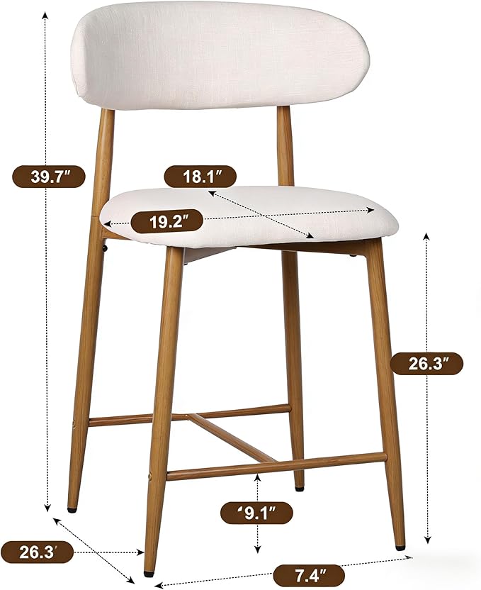 Set of 2 Counter Height Bar Stools: Upholstered Barstools with Metal Legs for Kitchen Island Dining Room in Beige - Comfortable & Chic Industrial Style, Premium Quality Bar Height Seating