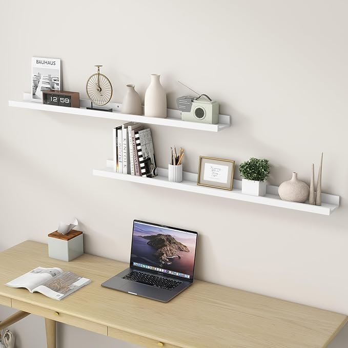 Picture Ledge Shelf for Wall, 48 inch Solid Pine Wood Nursery Book Shelves 2 Packs, Floating Ledge Shelves for Kids' Room Bedroom Bathroom Living Room Photo Frames Office Nursey Wall Decor, White