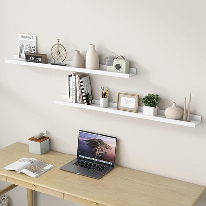 Picture Ledge Shelf for Wall, 48 inch Solid Pine Wood Nursery Book Shelves 2 Packs, Floating Ledge Shelves for Kids' Room Bedroom Bathroom Living Room Photo Frames Office Nursey Wall Decor, White