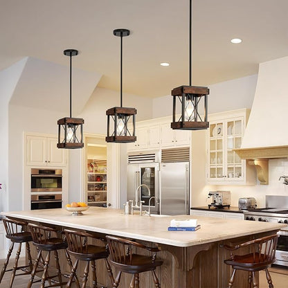HOXIYA Farmhouse Pendant Light, 2 Pack Rustic Farmhouse Linear Chandelier with Wood and Metal Cage, Kitchen Island Pendant Light Adjustable Height for Dining Room Light Kitchen Island Bedroom