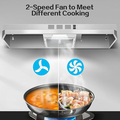 Range Hood 36 inch Under Cabinet, Ducted/Ductless Kitchen Hood 280CFM, Stainless Steel Vent Hood with Rocker Button Control, Stove Hood with 2 Speeds Fan, Bright LED Light