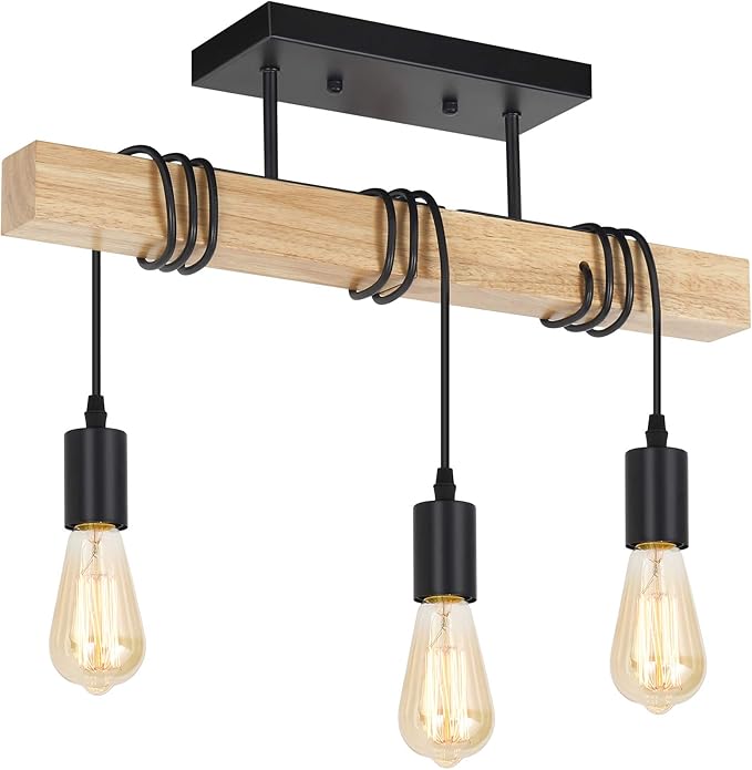 Rustic Vintage Wood Ceiling Light, 3-Light Retro Semi Flush Mount Ceiling Light Fixture, Industrial Farmhouse Ceiling Lamp for Hallway Bedroom Entryway Farmhouse Dining Room Living Room
