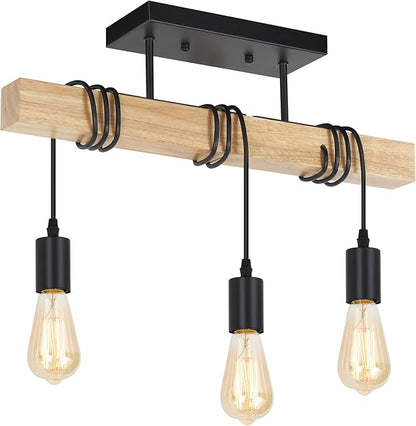Rustic Vintage Wood Ceiling Light, 3-Light Retro Semi Flush Mount Ceiling Light Fixture, Industrial Farmhouse Ceiling Lamp for Hallway Bedroom Entryway Farmhouse Dining Room Living Room