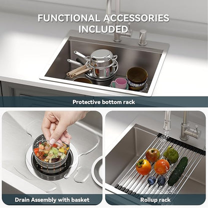 Lordear Drop In Kitchen Sink 25 Inch Stainless Steel Drop In Workstation Sinks 16 Gauge Ledge Workstation 25x22 Drop-in Topmount Single Bowl Kitchen Sink With Accessories