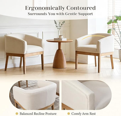 Barrel Dining Chairs Set of 2, Mid Century Modern Farmhouse Kitchen Chairs with Wood Legs, Linen Upholstered Accent Chair with Arms for Living Room/Bedroom, Beige