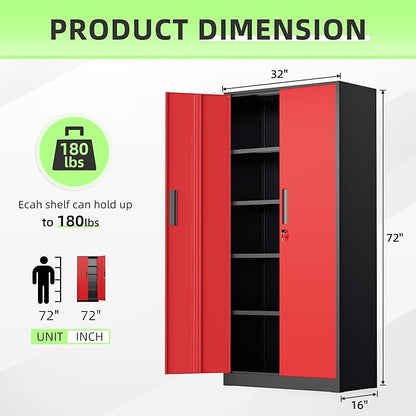 INTERGREAT Metal Storage Cabinet, 72" Locking Steel Cabinets with 2 Door and 4 Adjustable Shelves, Tall Metal Cabinet for Home Office, Garage, Warehouse,(Black+Red)