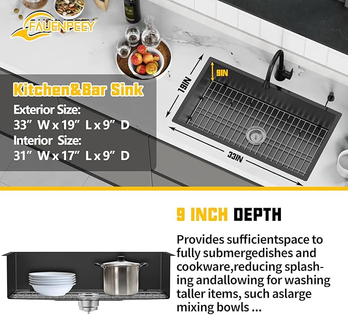 Black 33x19 Inch Undermount Kitchen Sink-Stainless Steel Single Bowl Drop In Kitchen Sink Stylish And Modern Look With Bottom Grid,Silicon Mat And Drain Assembly Add Elegance & Enhance Usability