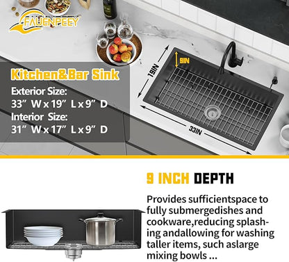 Black 33x19 Inch Undermount Kitchen Sink-Stainless Steel Single Bowl Drop In Kitchen Sink Stylish And Modern Look With Bottom Grid,Silicon Mat And Drain Assembly Add Elegance & Enhance Usability