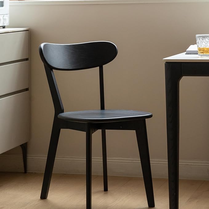 Modern Black Solid Oak Dining Chair, Single Chair for Replacement & Add-On, All Solid Wood with Curved Back, 400lb Capacity Easy Assembly for Kitchen, Cafe, Home