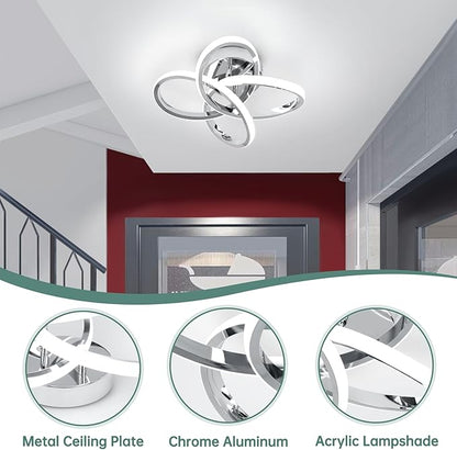 EIDISUNY Modern Led Ceiling Lights, 11.8in Chrome Curved Hallway Ceiling Lights Fixtures, 26W Flush Mount Ceiling Light for Bedroom Kitchen Bathroom Entryway Balcony Stair - Cold White Light 6000K