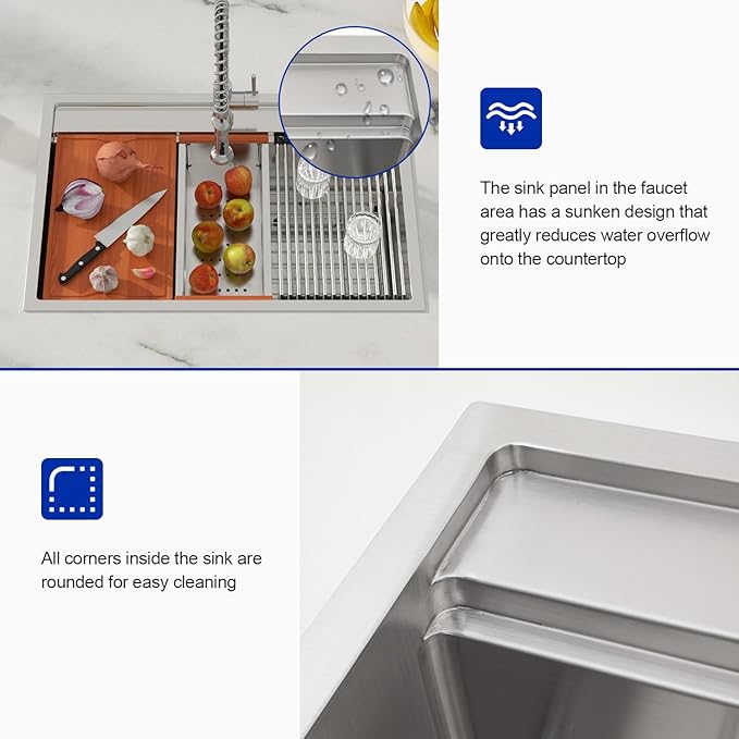 Dcolora 33x22 Drop In Kitchen Sink Splash Guard Stainless Steel Single Bowl Topmount Workstation Sinks, Round Corner 33"x22"x10", DC-T7757