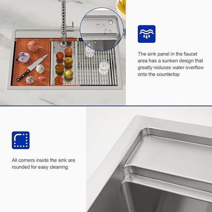 Dcolora 33x22 Drop In Kitchen Sink Splash Guard Stainless Steel Single Bowl Topmount Workstation Sinks, Round Corner 33"x22"x10", DC-T7757