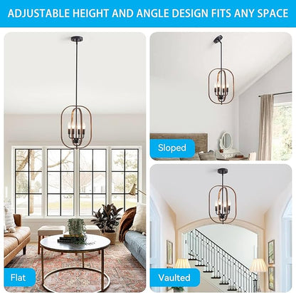 XINGQI Small Chandeliers for Dining Room, 12.2" Modern Farmhouse Pendant Lighting Fixture Rustic Metal 4-Light Black and Wood Grain Finish for Entryway Bedroom Hallway Foyer Kitchen Office Bar