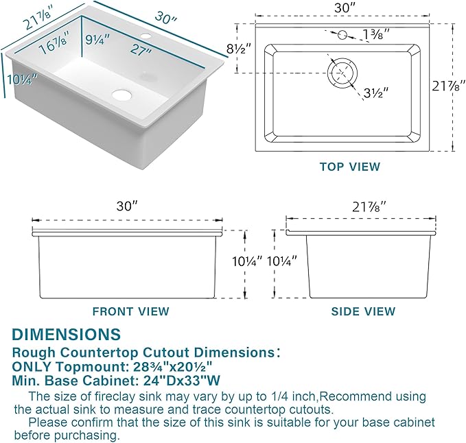 30x22 Drop In Kitchen Sink White 1 Hole, 30 Inch Topmount Fireclay Sink Drop In Single Bowl, Heavy Duty Large Capacity Deep Basin, w 2 Accessories, Pure White, for Kitchen, Laundry