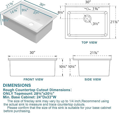 30x22 Drop In Kitchen Sink White 1 Hole, 30 Inch Topmount Fireclay Sink Drop In Single Bowl, Heavy Duty Large Capacity Deep Basin, w 2 Accessories, Pure White, for Kitchen, Laundry