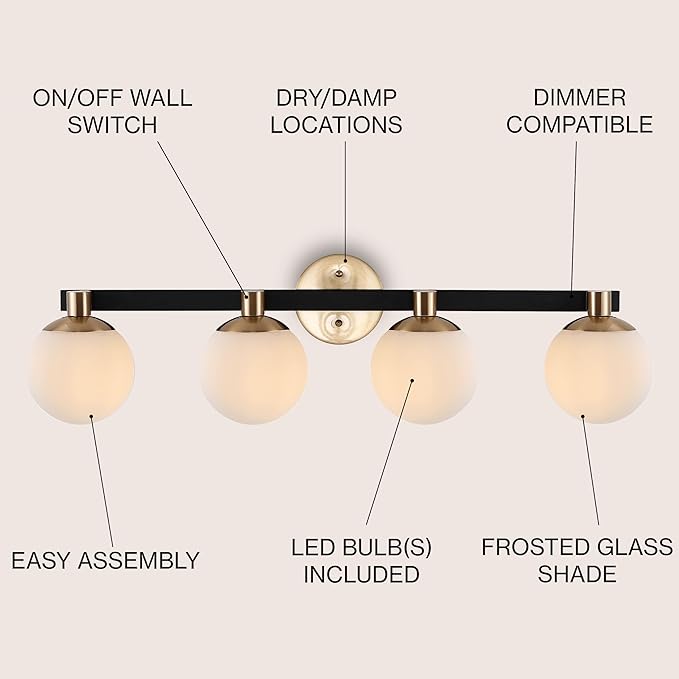 JONATHAN Y 34" Brass Gold/Black Modern Globe LED Vanity Wall Sconce Light, White Frosted Glass Shade, Mid-Century Art Deco Wall Lamp for Bathroom, Kitchen, Hallway (JYL3543A)