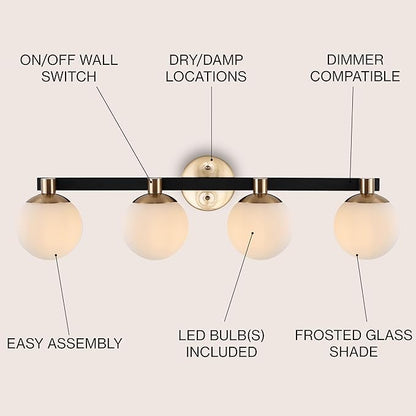 JONATHAN Y 34" Brass Gold/Black Modern Globe LED Vanity Wall Sconce Light, White Frosted Glass Shade, Mid-Century Art Deco Wall Lamp for Bathroom, Kitchen, Hallway (JYL3543A)