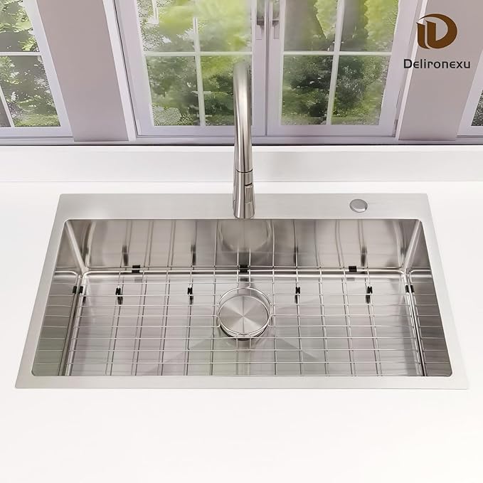 33x19 Drop in Kitchen Sink - Delironexu 16 Gauge Stainless Steel Sinks Top Mount, 33 Inch Drop in Kitchen Sink Single Bowl with 3 Accessories Package