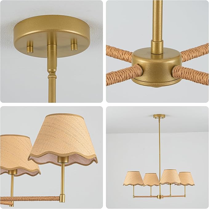 MAYNA 29" Farmhouse Boho Chandelier, 4-Light Rattan Light Fixture with Wicker Lamp Shade, Adjustable Boho Dining Room Light Fixture for Kitchen Island, Living Room, Bedroom